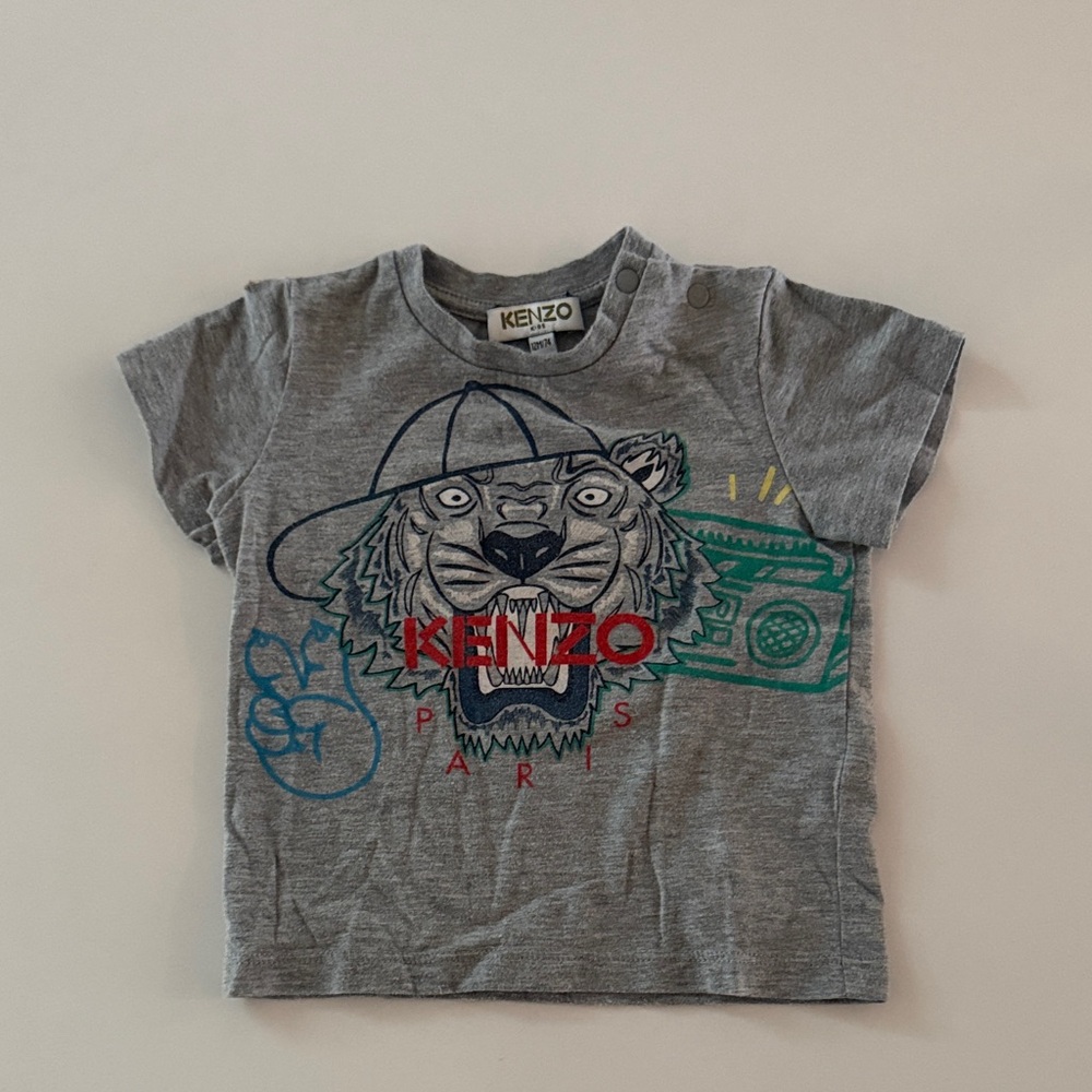 Kenzo Kids Gray T-Shirt with Tiger and Boombox Design